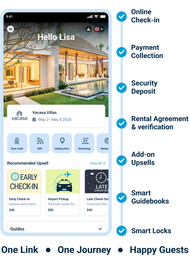 Streamlined guest journey showing automated ID verification, secure document upload, and easy check-in to check-out process for vacation rentals.