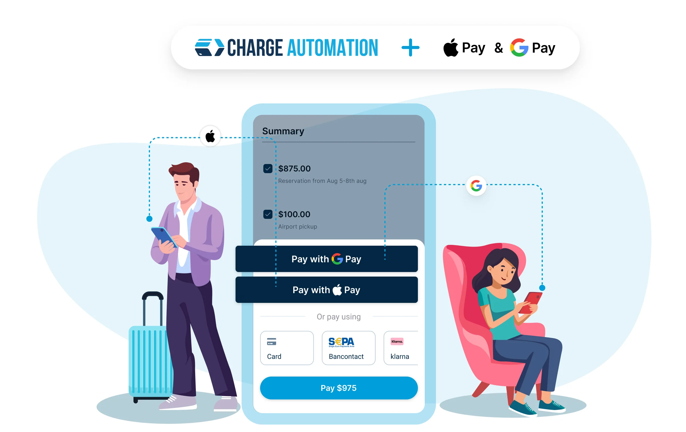 Illustration of a traveler and a guest using Apple Pay and Google Pay for payments via ChargeAutomation, showing a detailed payment breakdown and multiple payment options.